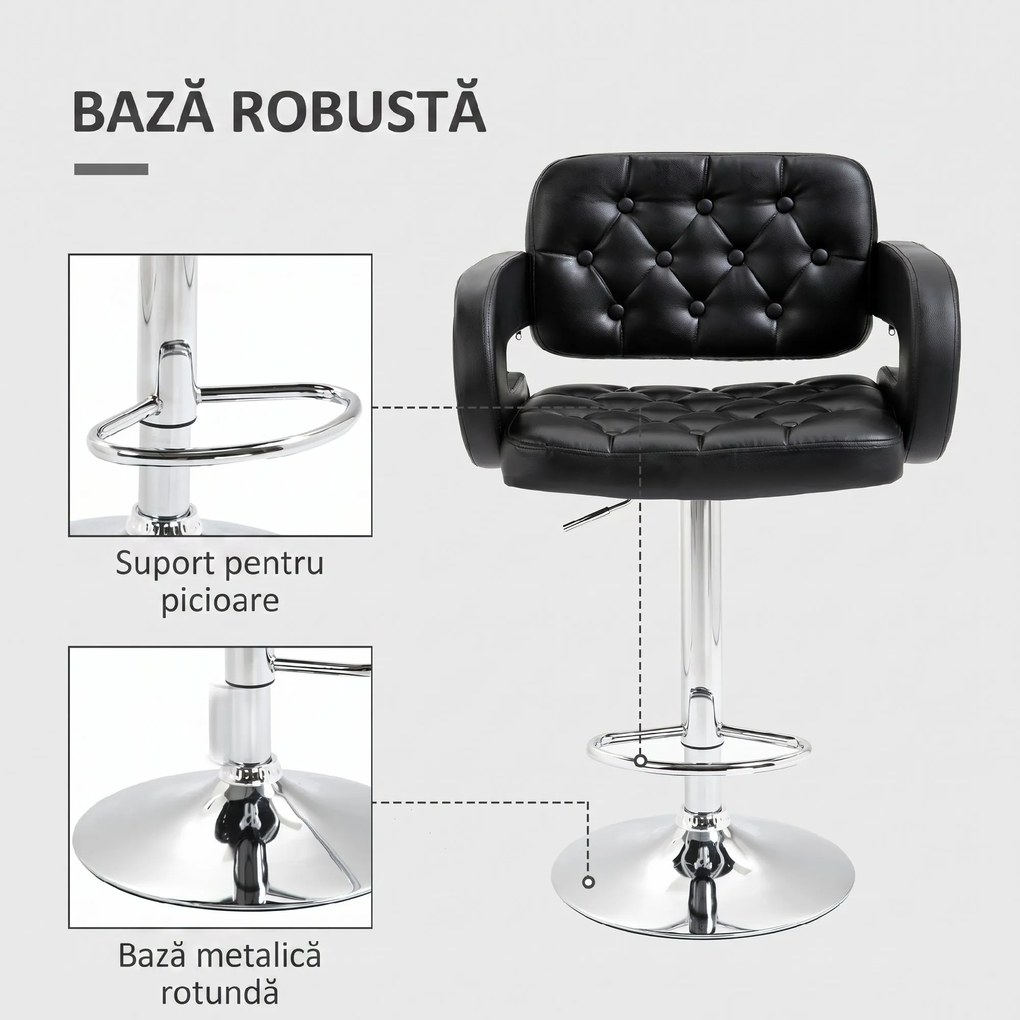 HOMCOM Scaun de Bar cu Spătar și Brațe, Scaun Modern de Bucătărie Rotativ cu Înălțime Reglabilă, 61x50x94-114 cm, Negru | Aosom Romania