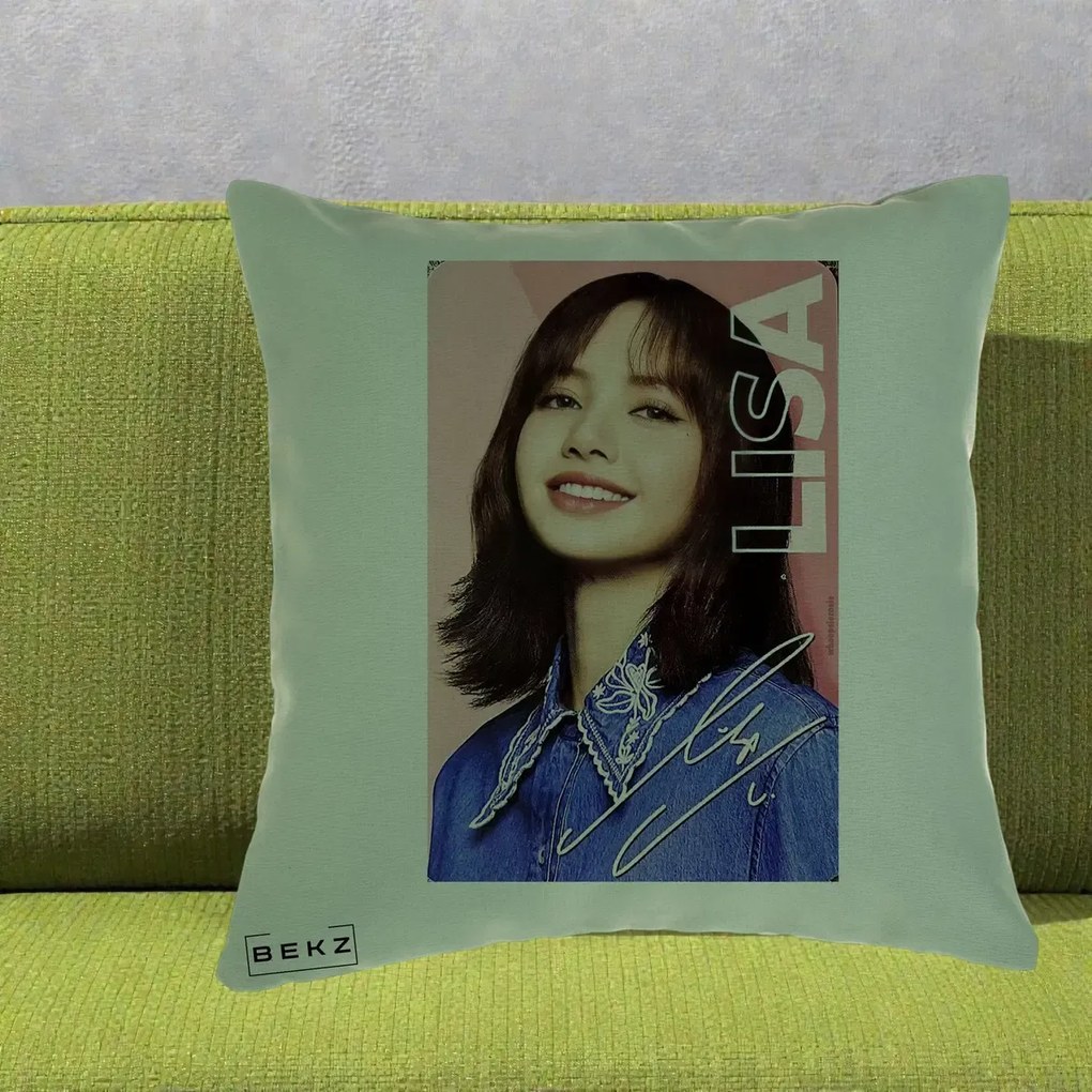 Perna Personalizata K-pop BLACKPINK Lisa cu Semnatura, 40x40 cm, Verde, Husa Detasabila, Perna Inclusa, BEKZ®