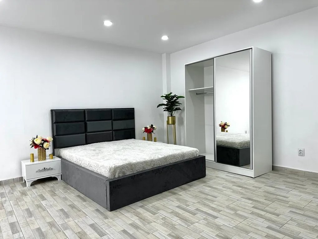 Dormitor Roma, culoare gri / alb, cu pat Roma 160 x 200 cm, dressing Erika si 2 noptiere Viena