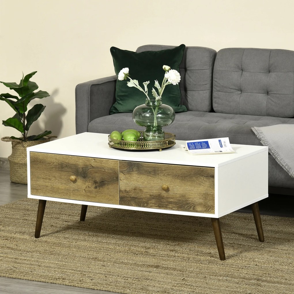 Masuta de Salon in Stil Nordic, Masuta Joasa din Lemn cu 4 Sertare, Dulapior pentru Sufragerie, Alb si Lemn 100x53,5x45cm HOMCOM | Aosom RO