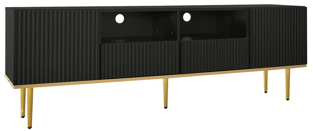 Mobilier TV Modern Modern cu Detalii Aurii, Două Rafturi și Două Sertare, din Lemn de Înaltă Calitate, 165x36x55 cm, Negru