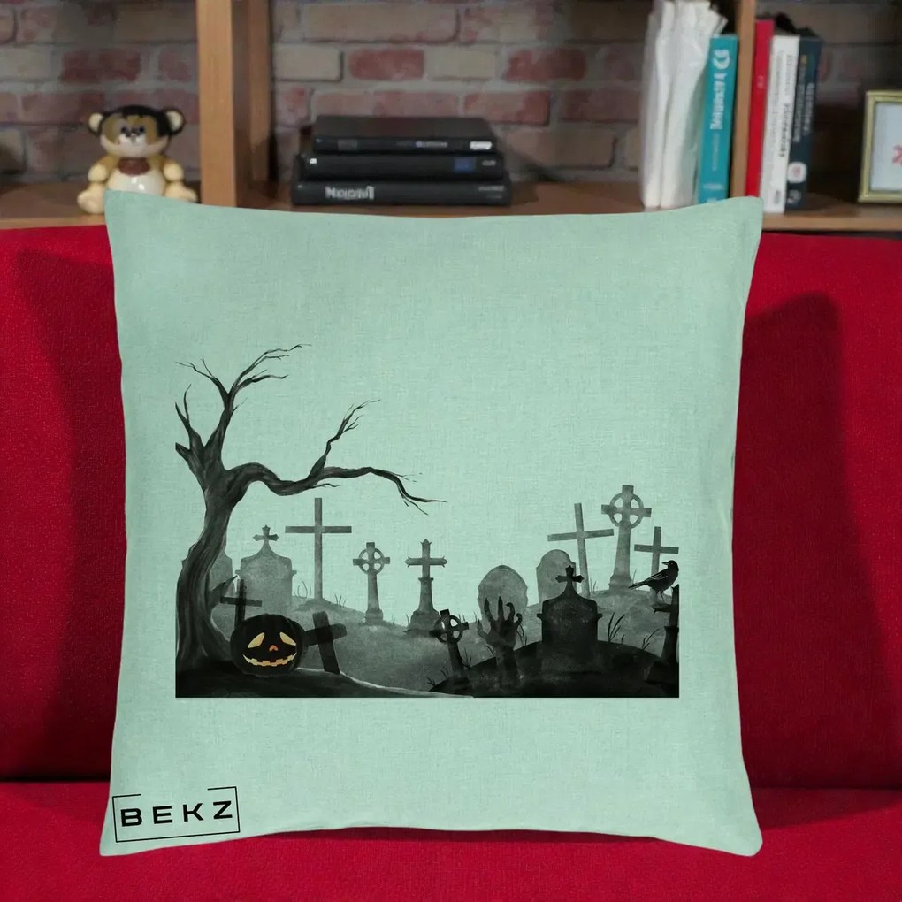 Perna Decorativa Halloween Cimitir Acuarela cu Dovleac, 40x40 cm, Verde Menta, Husa Detasabila, Perna Inclusa, BEKZ®
