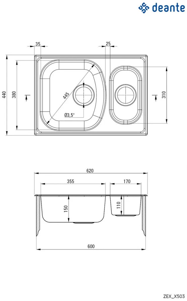 Chiuvetă din inox, 1,5-cuve, Xylo, ZEX_0503