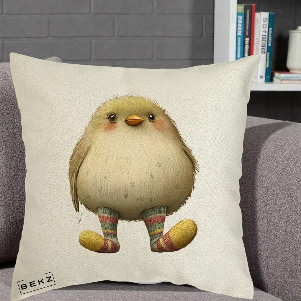 Perna Decorativa Pui Pufos cu Sosete Dungate, 40x40 cm, Ecru, Husa Detasabila, Perna Inclusa, BEKZ®
