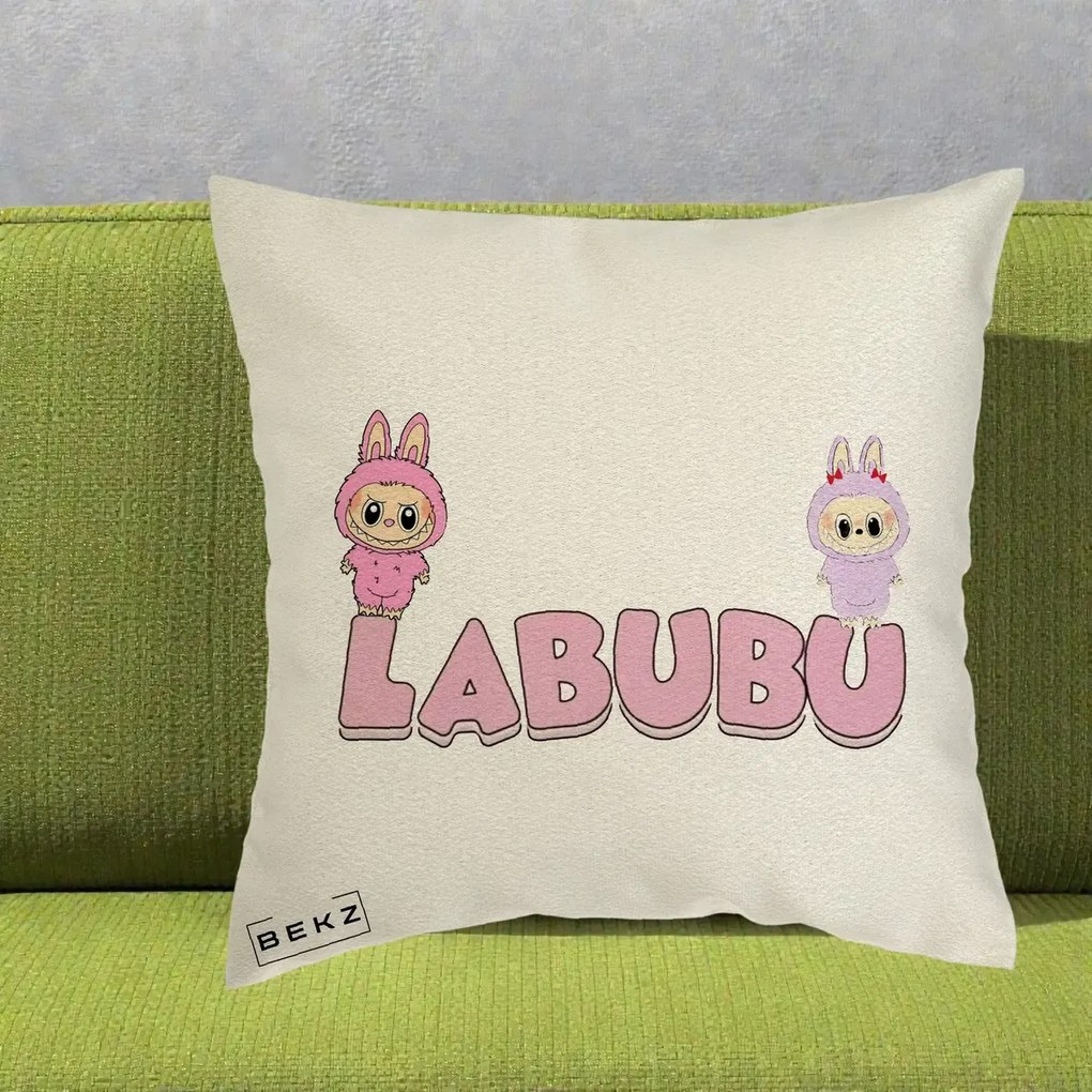 Perna Personalizata Labubu Duo Roz-Lila cu Text, 40x40 cm, Ecru, Husa Detasabila, Perna Inclusa, BEKZ®