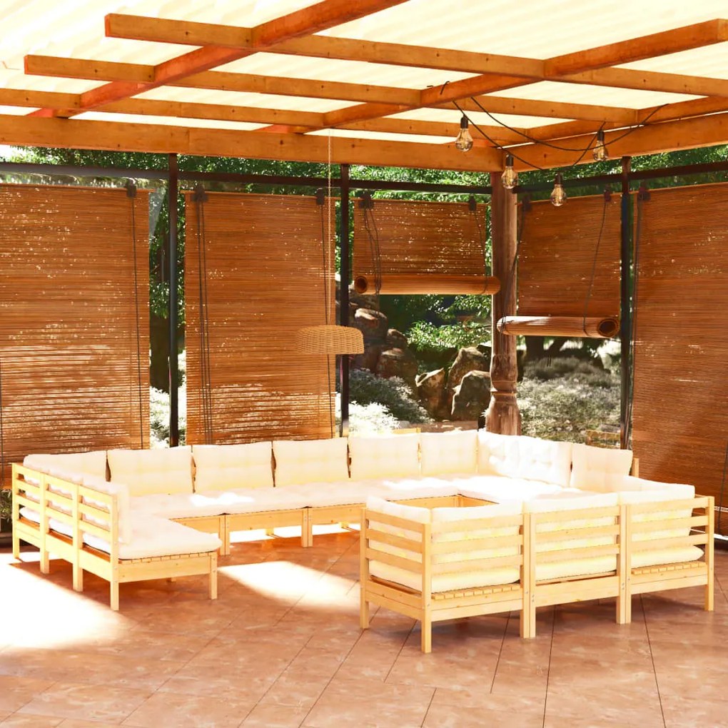 3097283 vidaXL Set mobilier grădină cu perne, 13 piese, crem, lemn de pin