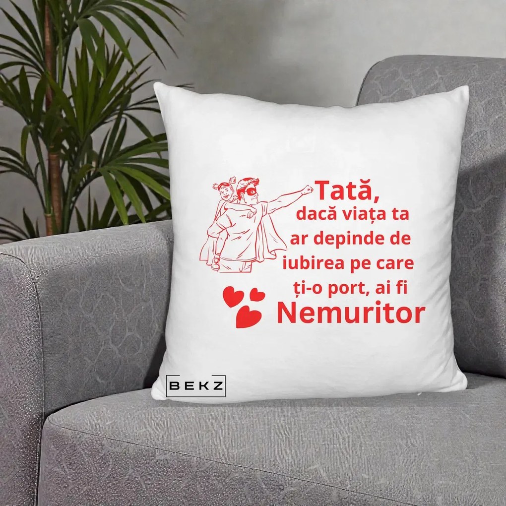 Cadou pentru Tata - Perna Personalizata Tata Nemuritor cu Fetita, 40x40 cm, Alb Pufos, Husa Detasabila, Perna Inclusa, BEKZ®