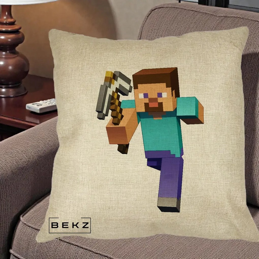 Perna Personalizata Minecraft Steve, 40x40 cm, Crem, Husa Detasabila, Perna Inclusa, BEKZ®