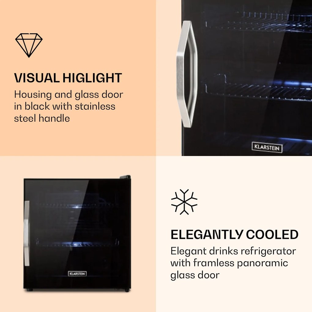 Klarstein Beersafe L Onyx, frigider pentru băuturi, E, LED, grătare metalice, ușă din sticlă, negru