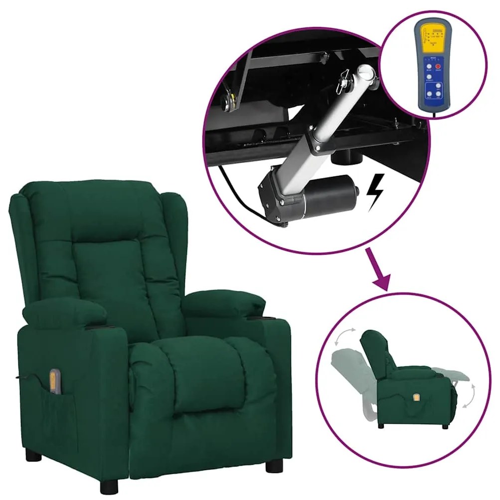 vidaXL Fotoliu de masaj cu ridicare, verde închis, material textil