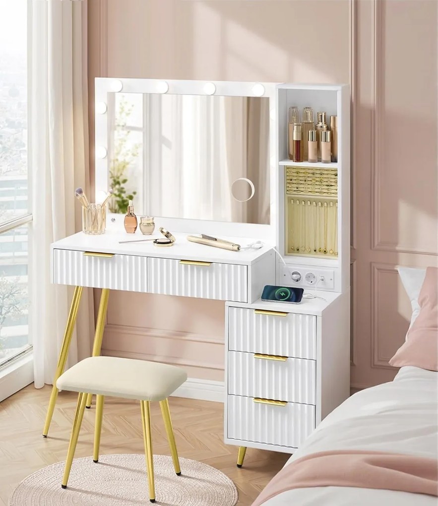 SEA823 - Set Masa toaleta 110 cm, 5 Sertare, Oglinda cu LED, Priza, USB si USB-C, masuta vanity cu Riflaje, make-up cu Organizator Bijuterii - Alb -