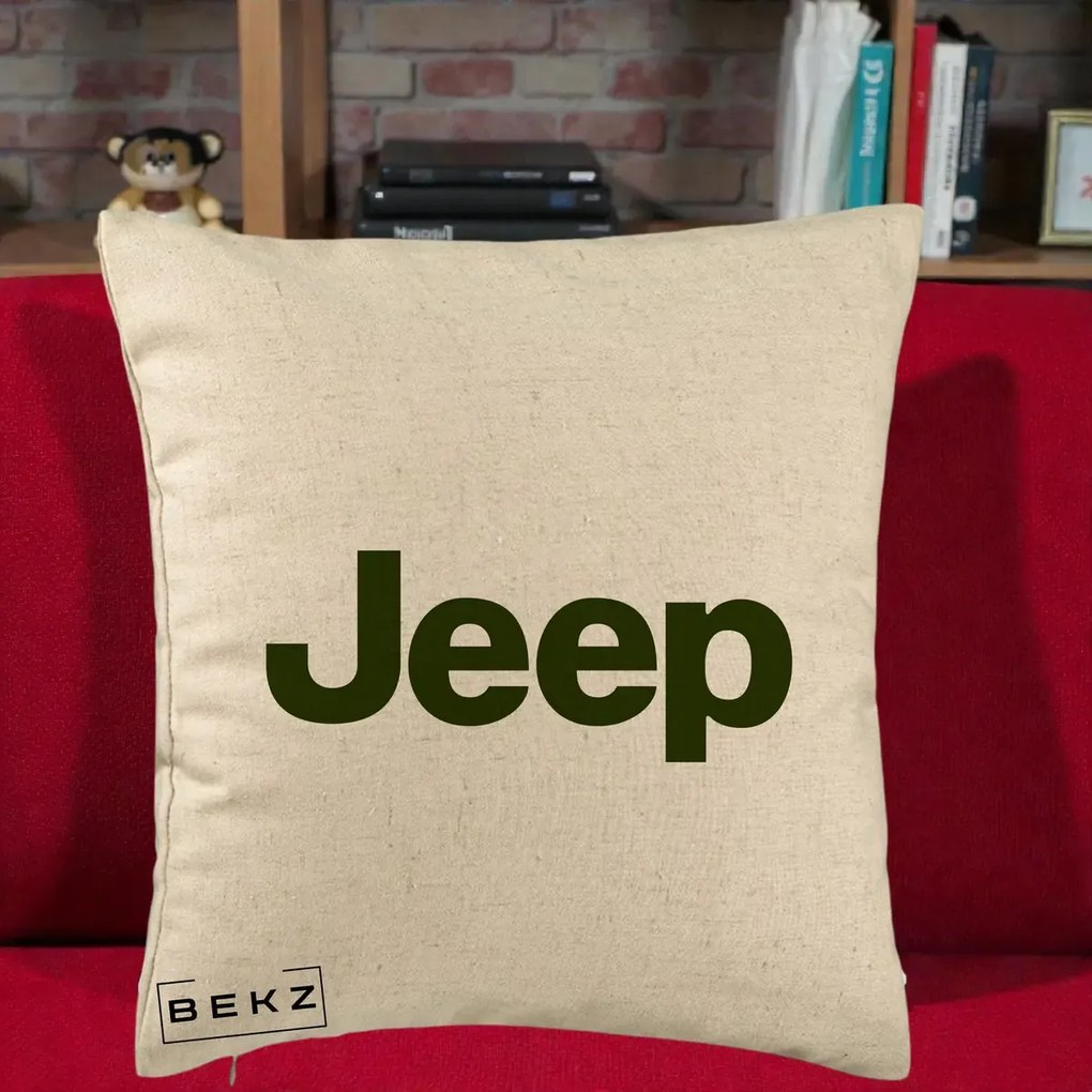 Perna Personalizata cu emblema Jeep, 40x40 cm, Bej, Husa Detasabila, Perna Inclusa, BEKZ®
