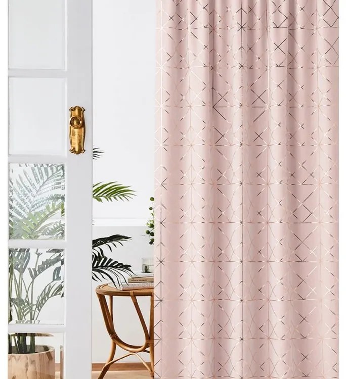 Draperie elegantă roz pudrat cu inele și model auriu delicat 140x260 cm