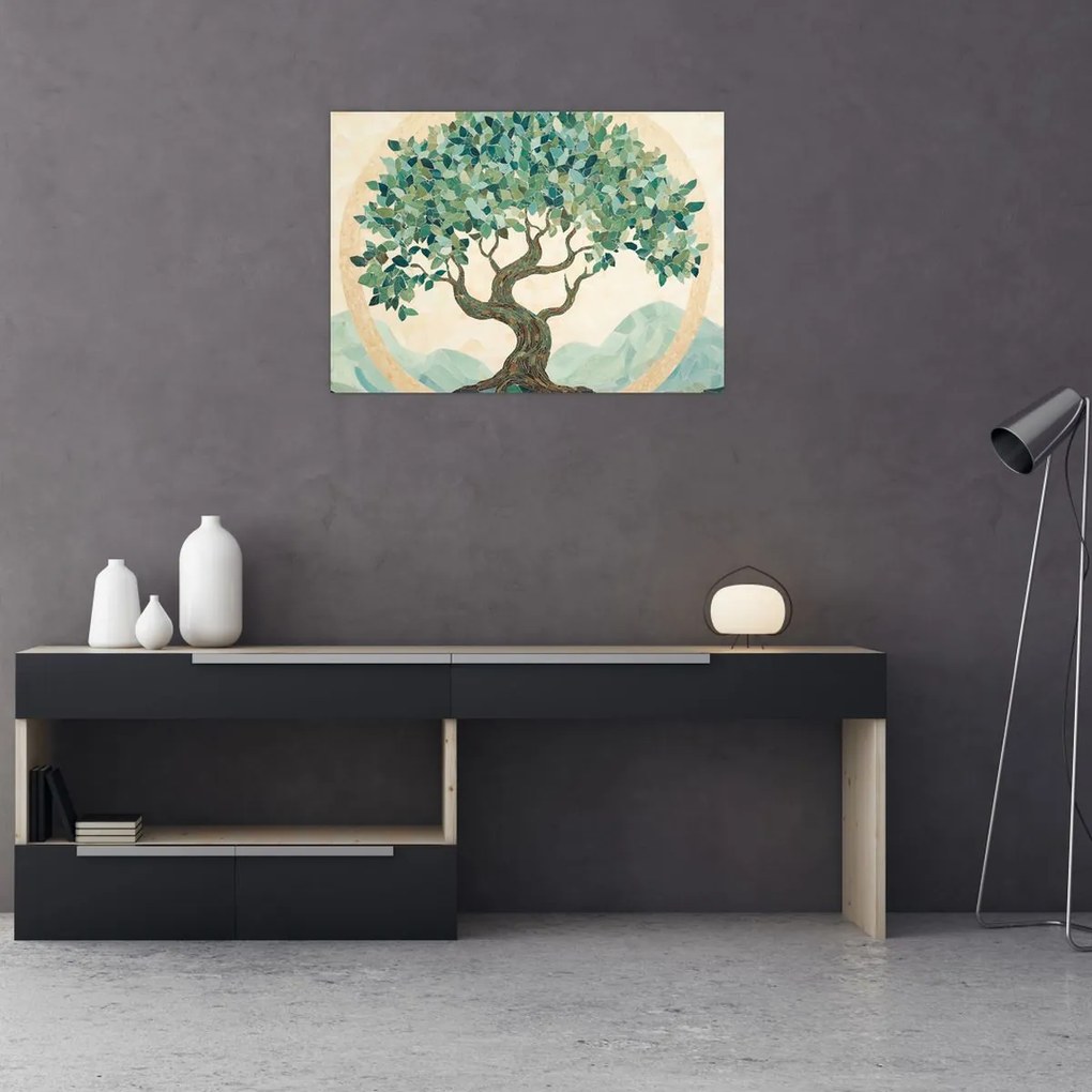 Tablou pe sticlă – Mozaic elegant cu arbore (70x50 cm)