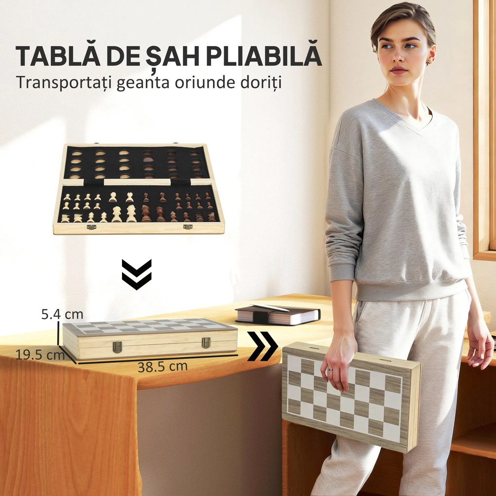 SPORTNOW Tablă de Șah Pliabilă pentru Șah și Dame cu Compartimente, din Lemn și Metal, 38.5x38.5x2.8 cm, Alb și Negru | Aosom Romania