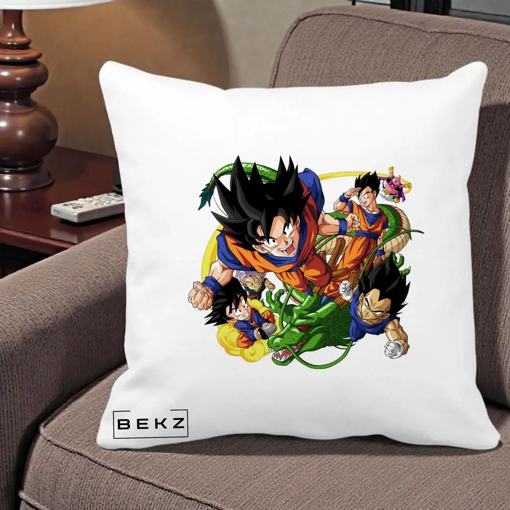 Perna Personalizata Dragon Ball Goku si Shenron Actiune, 40x40 cm, Alba Mata, Husa Detasabila, Perna Inclusa, BEKZ®