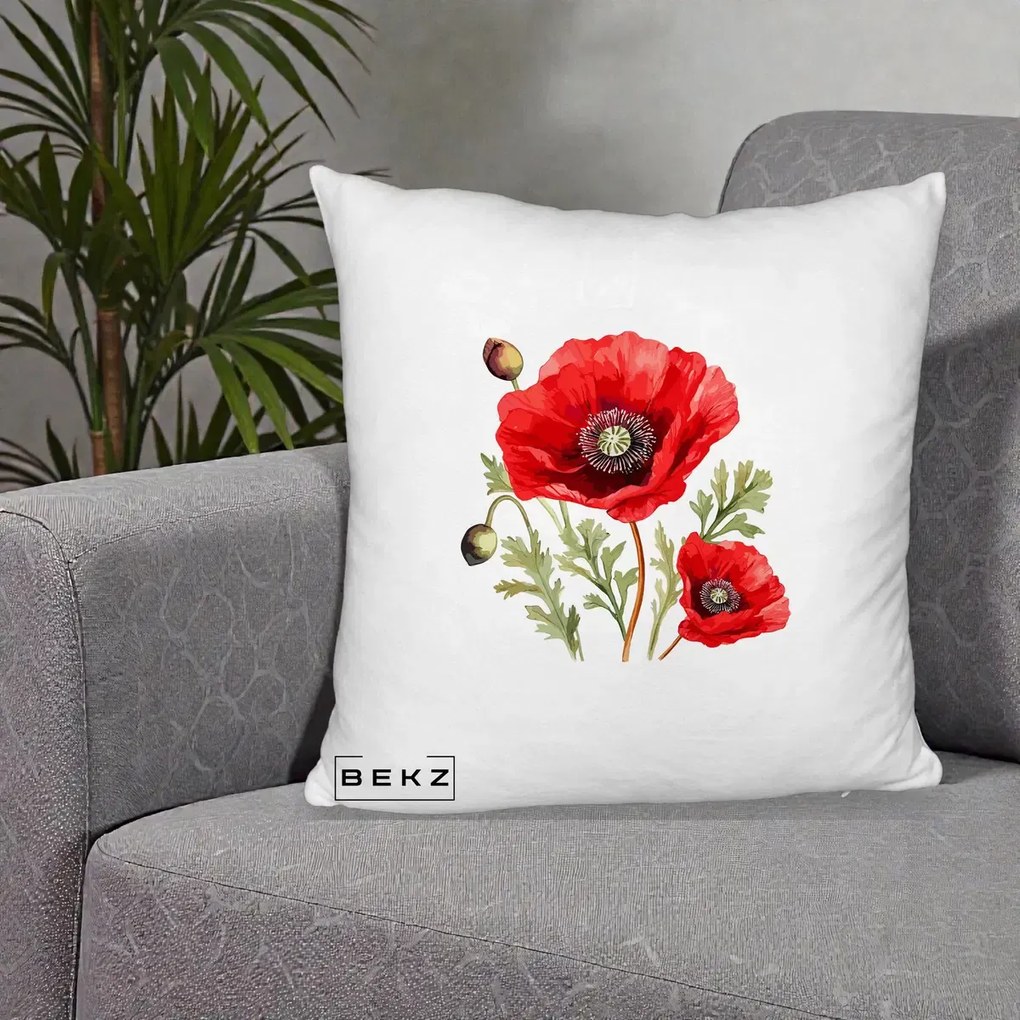 Perna Decorativa Maci Rosii Acuarela, 40x40 cm, Alb Pufos, Husa Detasabila, Perna Inclusa, BEKZ®