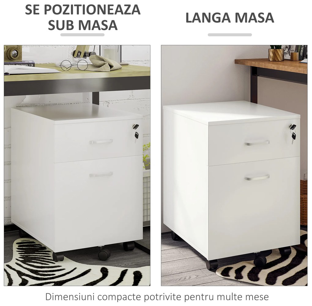 Vinsetto Dulap cu sertare, cu 2 Sertare și 5 Roti, Fiset Birou cu Încuietoare, Design Modern, Alb| Aosom Romania