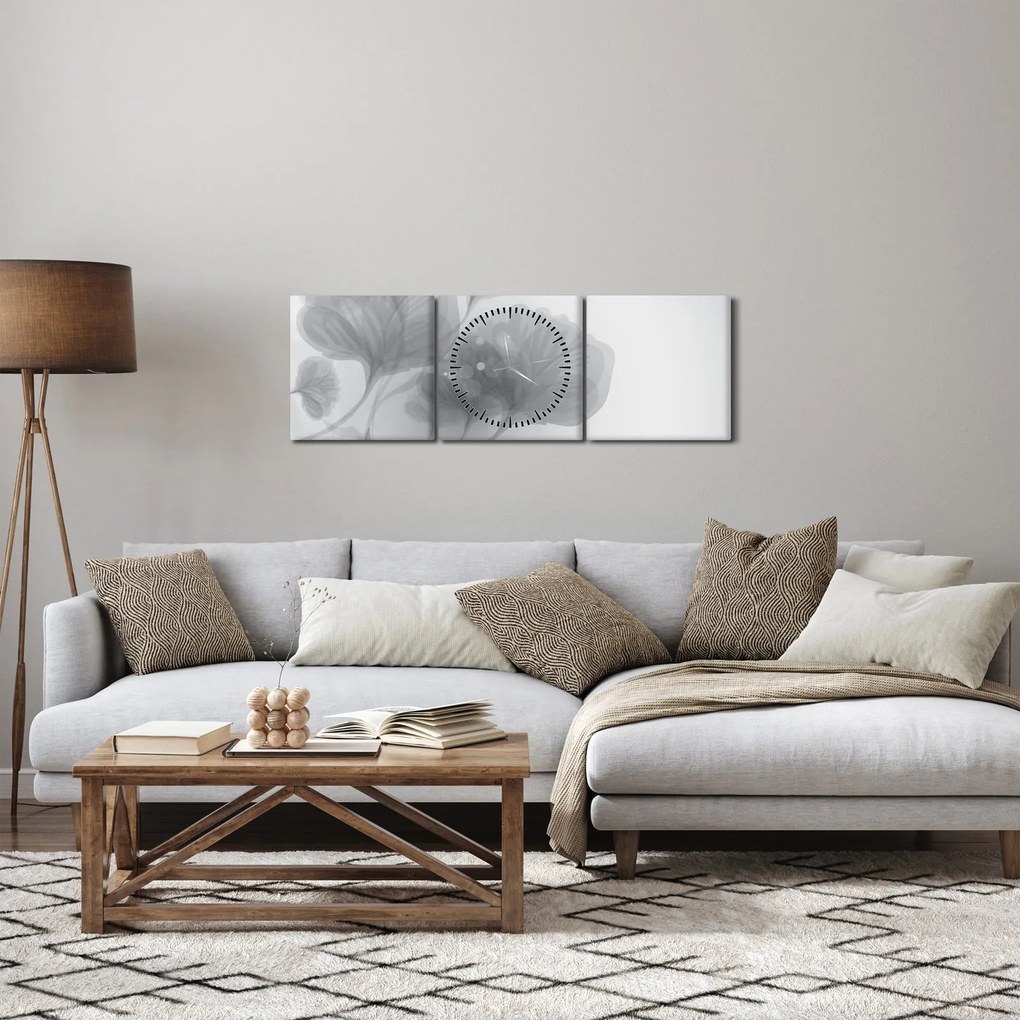 Tablou - Flori în nuanțe gri (cu ceas) (90x30 cm)