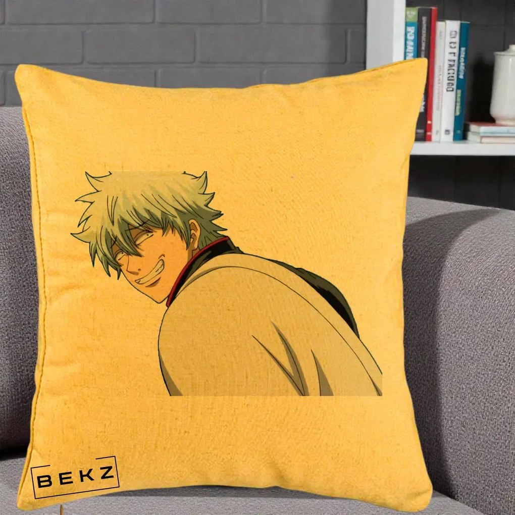 Perna Personalizata Gintama Gintoki Portret cu Zambet, 40x40 cm, Galben, Husa Detasabila, Perna Inclusa, BEKZ®