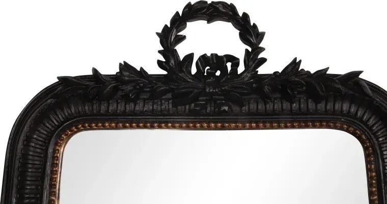 Oglindă de perete din lemn și polirășină, neagră, cu ramă sculptată și coroană de lauri, finisaj antichizat, 102 x 67 x 4 cm, „Corneille”