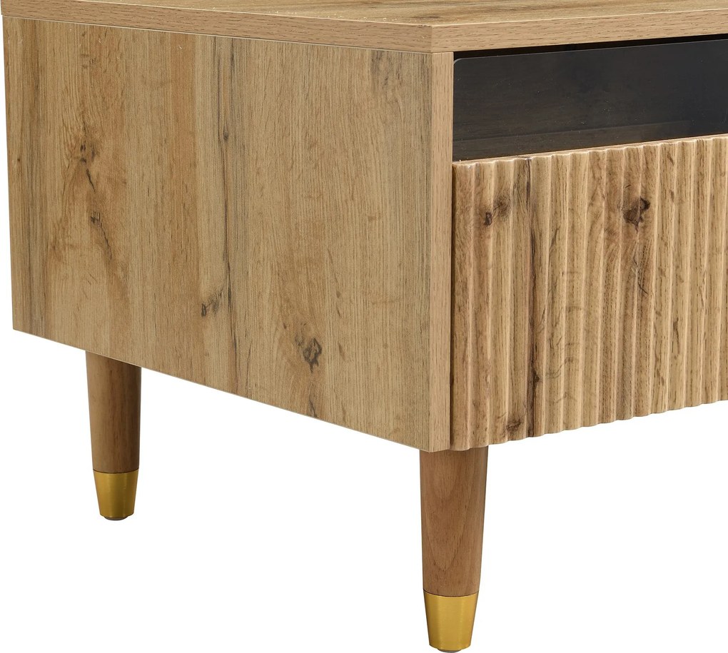 Set mobilier LED modern, comodă TV cu 4 uși &amp; masă de cafea cu 2 sertare, 178x35x45+110x50x40 cm, Culoare naturală