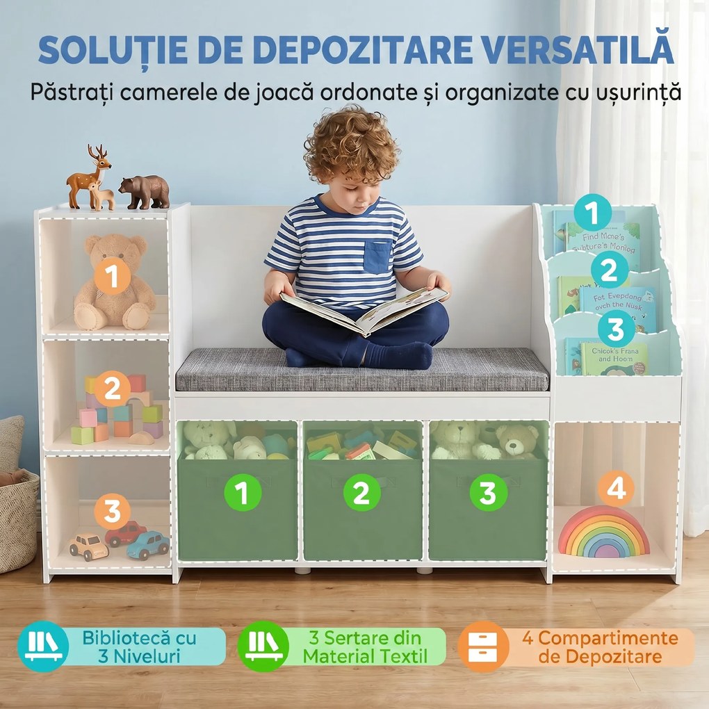 AIYAPLAY Raft Depozitare Jucării Copii 3-8 Ani cu Bibliotecă pe 3 Niveluri, 3 Sertare, 4 Compartimente, Pernă, Alb | Aosom Romania