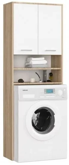 DULAP BAIE CU LOC PENTRU MASINA DE SPALAT, PLACA LAMINATA, 4 RAFTURI, 2 USI, STEJAR SI ALB, 64X30X18