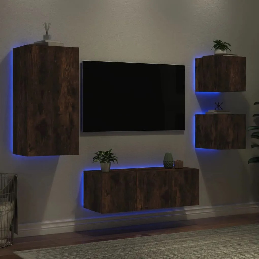 vidaXL Unități de perete TV cu LED-uri, 5 piese, stejar fumuriu, lemn
