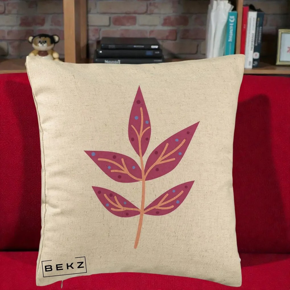 Perna Decorativa Ramura Botanica Mov, 40x40 cm, Bej, Husa Detasabila, Perna Inclusa, BEKZ®