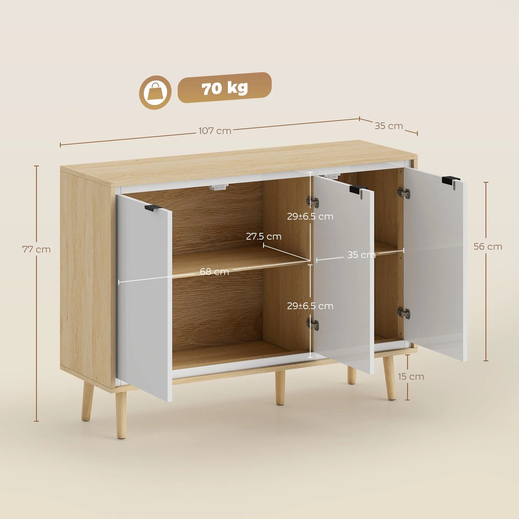 HOMCOM Bufet Modern cu 3 Uși și Raft Reglabil 107x35x77cm Alb și Stejar | Aosom Romania