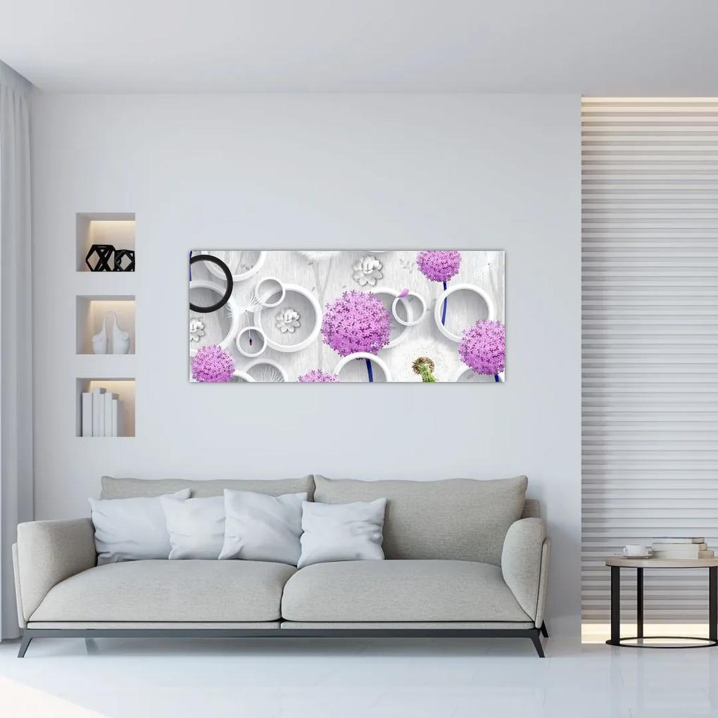 Tablou cu abstracție 3D cu cercuri și flori (120x50 cm), în 40 de alte dimensiuni noi