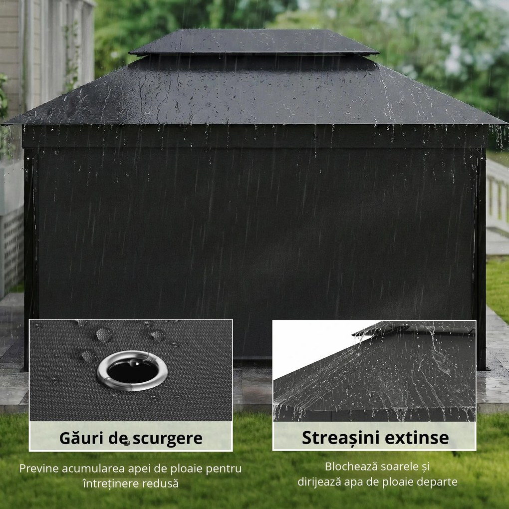Outsunny Foișor de Grădină 4x3 m cu Perdele Laterale Rulante, Foișor Exterior cu 8 Orificii de Drenaj, Acoperiș Dublu și Structură Metalică, pentru Grădină, Balcon, Petreceri, Curte, Terasă, Gri Închis | Aosom Romania