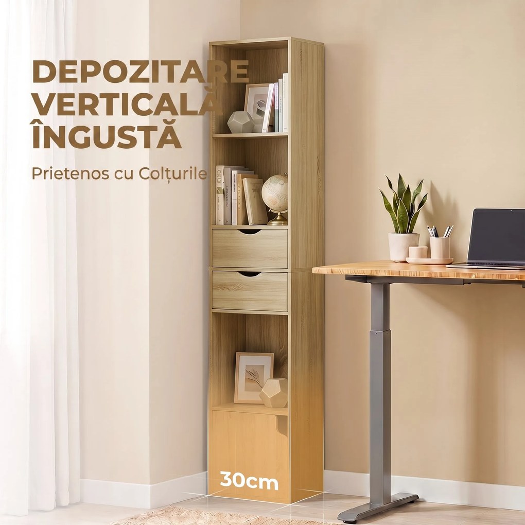 HOMCOM Bibliotecă Îngustă cu 6 Rafturi, Sertare, Ușă și Polițe Deschise, 30x24x158 cm, Stejar | Aosom Romania