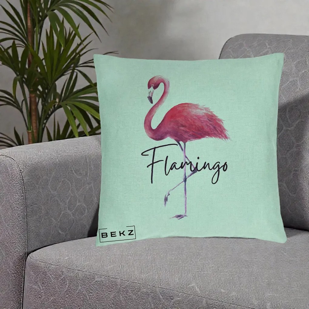 Perna Decorativa Flamingo Acuarela, 40x40 cm, Verde Menta, Husa Detasabila, Perna Inclusa, BEKZ®