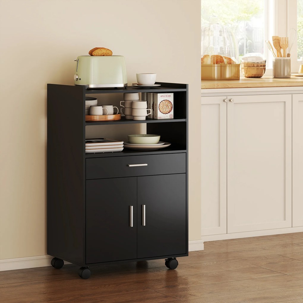HOMCOM Dulap pentru Cuptorul cu Microunde cu Roți, Bufet de Bucătărie cu Sertar, Blat pentru Aparate, Dulap cu 2 Uși, Raft Retractabil și Raft Deschis, Cărucior de Bucătărie pentru Sufragerie, 59x40x92cm, Negru | Aosom Romania