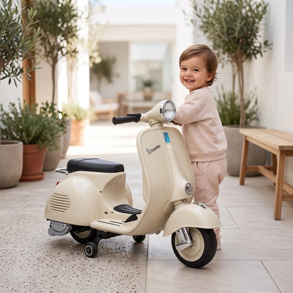 AIYAPLAY Motocicletă Electrică pentru Copii 3+ Ani, Licență VESPA, 6V, cu Roți Ajutătoare Detașabile, Max. 30 kg, Alb | Aosom Romania