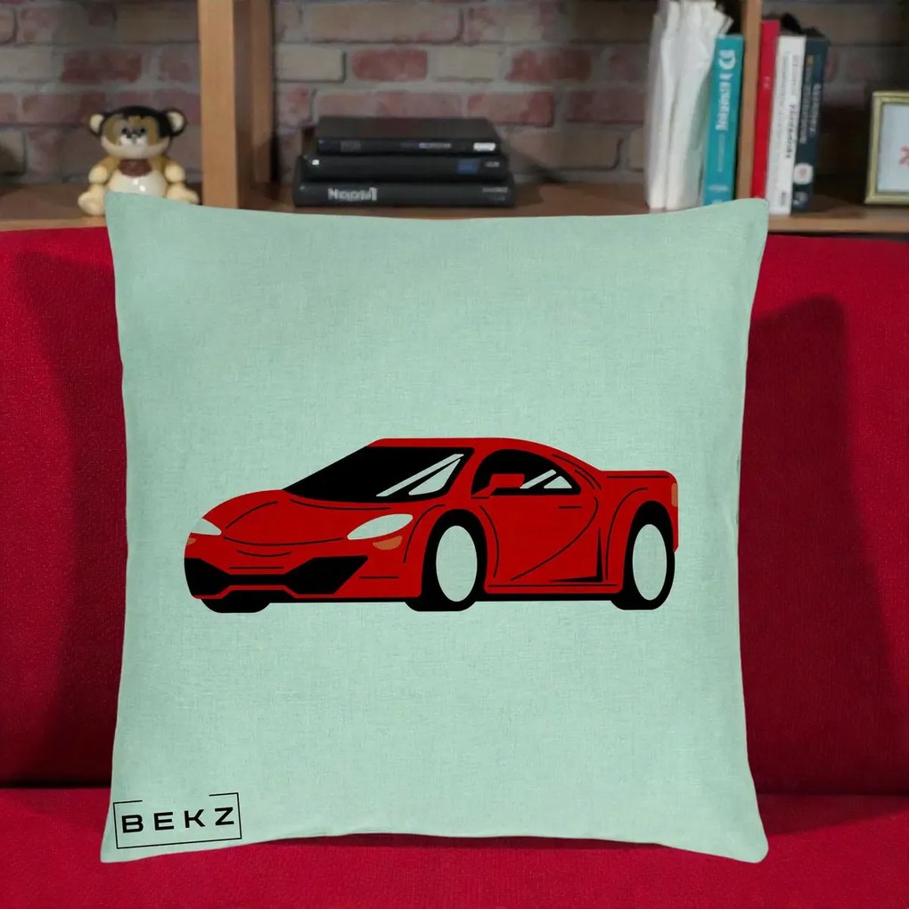 Perna Personalizata Masina Sport Rosie Grafic, 40x40 cm, Verde Menta, Husa Detasabila, Perna Inclusa, BEKZ®