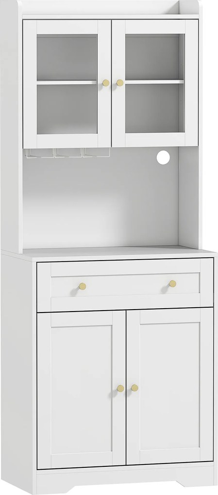 HOMCOM Dulap de bucătărie cu blat, suport pahare de vin, dulap de depozitare pentru bucătărie, sufragerie, 170 cm, MDF, sticlă, Alb | Aosom Romania