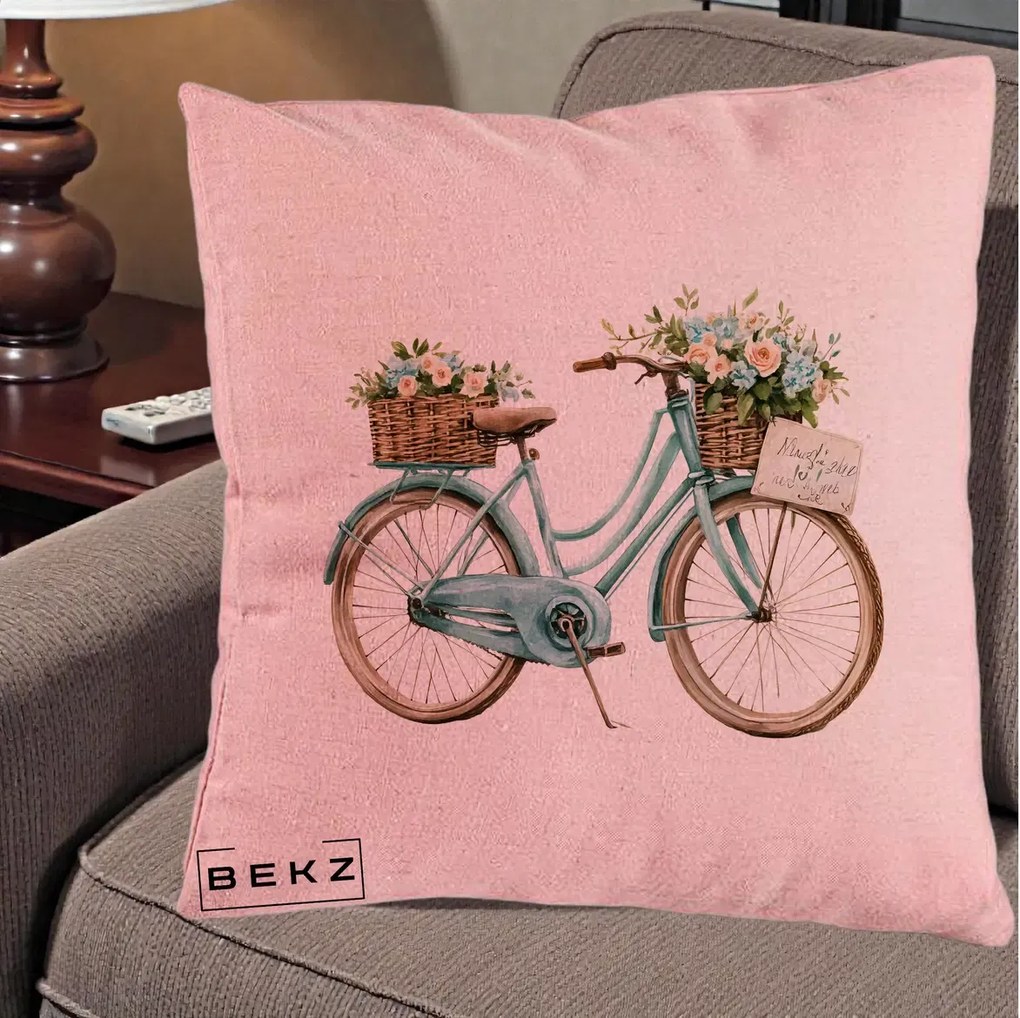 Perna Decorativa Bicicleta Teal cu Cosuri Duble de Flori Vintage, 40x40 cm, Roz, Husa Detasabila, Perna Inclusa, BEKZ®