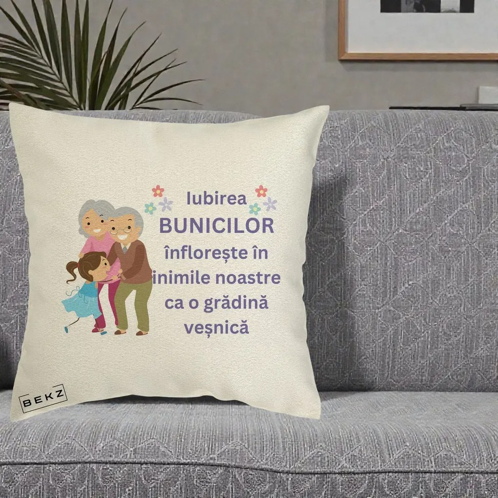 Cadou pentru Bunici - Perna Personalizata Bunicii Iubirea Infloreste Bunici cu Nepoata Colorat, 40x40 cm, Ecru, Husa Detasabila, Perna Inclusa, BEKZ®
