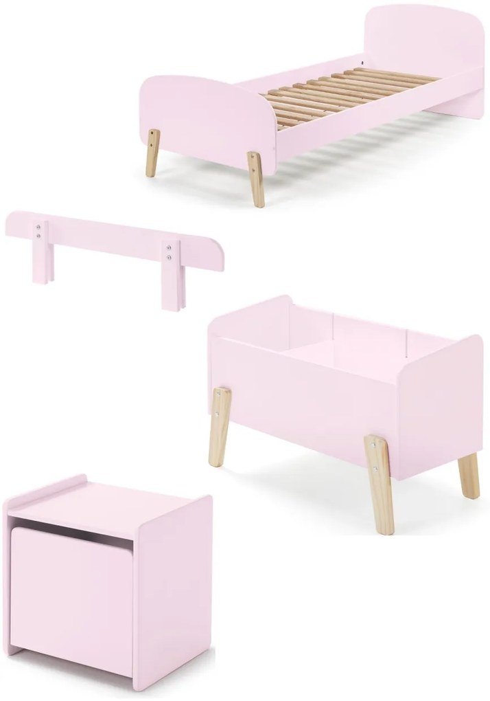 Set Mobilier Kiddy pentru Camera Copii – Pat 90x200 cm, Noptieră, Bară Siguranță & Cutie Jucării – Roz Pal – Vipack