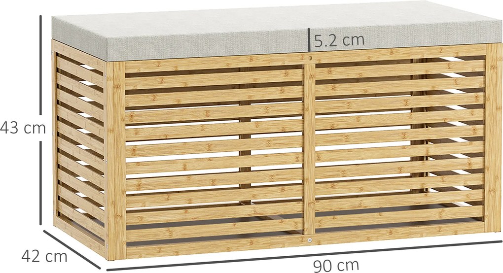 HOMCOM Bancă de depozitare, cufăr tapițat din material cu aspect de in, capac și structură din bambus, gri și lemn natural | Aosom Romania