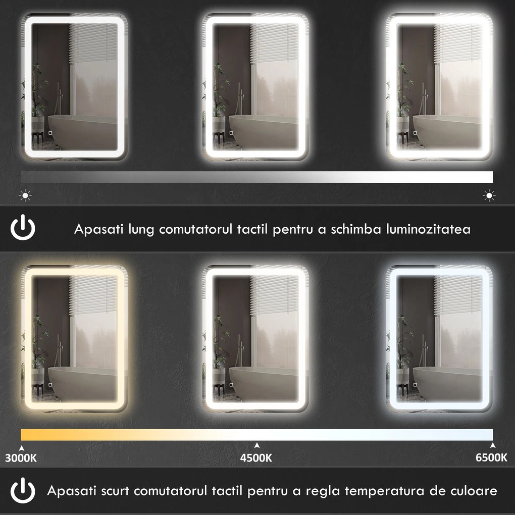 kleankin Oglinda pentru baie cu lumini LED, 70 x 50 cm | Aosom Romania