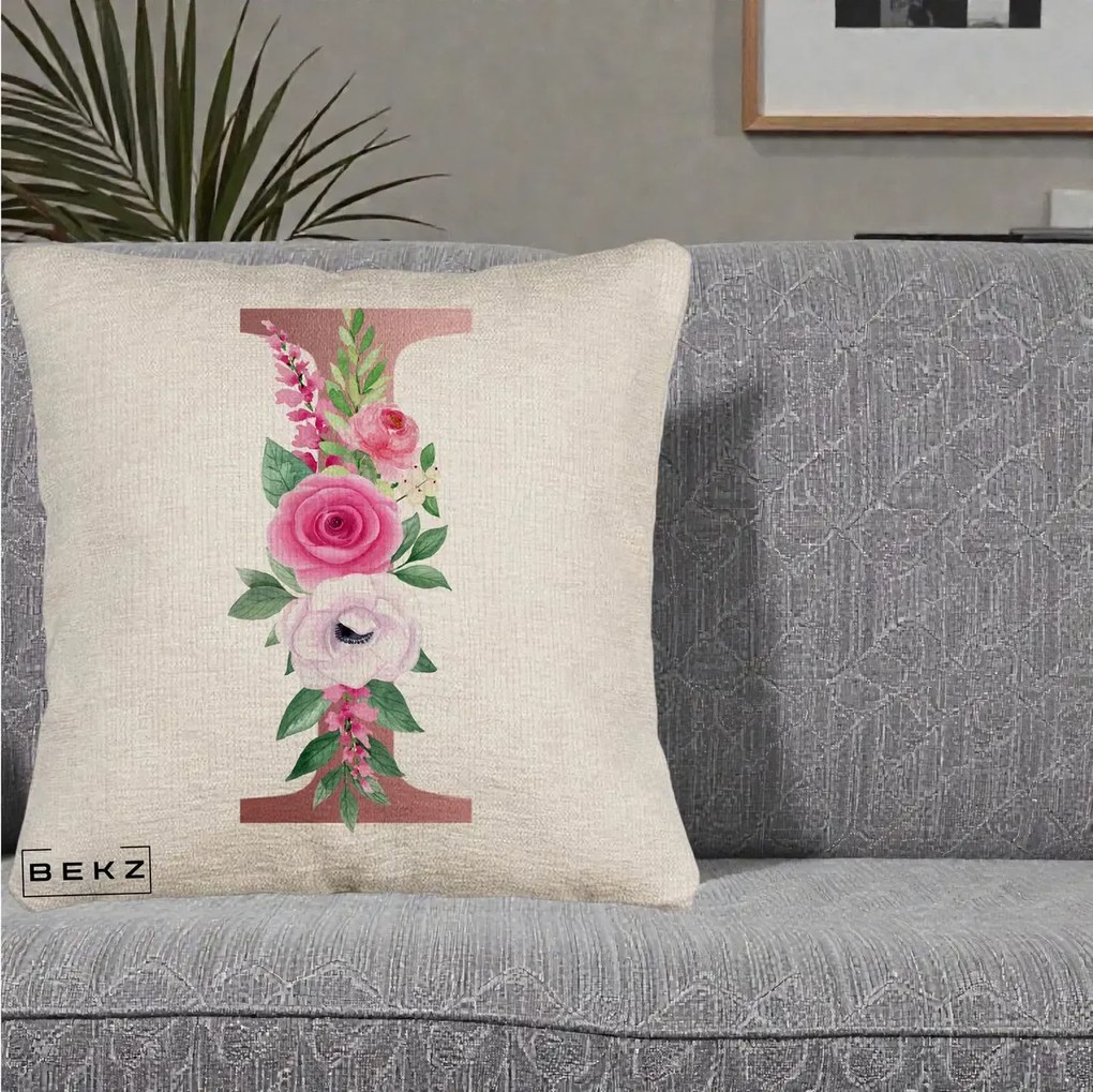 Cadou Personalizat - Perna Personalizata Monograma Rose Gold Litera I, 40x40 cm, Bej Canapea, Husa Detasabila, Perna Inclusa, BEKZ®