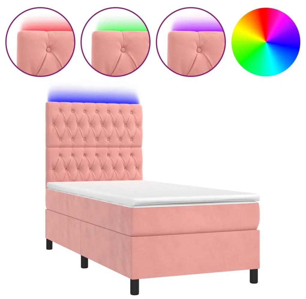 Pat continental cu saltea  LED, roz, 80x200 cm, catifea Roz, 80 x 200 cm, Design cu nasturi