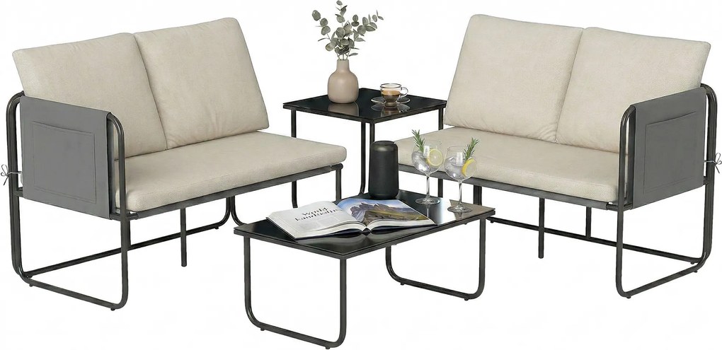 Outsunny Set Mobilier Grădină Exterior 4 Piese cu 2 Canapele 2 Locuri 2 Mese din Sticlă Perne Huse Detașabile și Buzunare Kaki | Aosom Romania