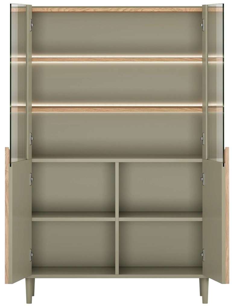 Vitrină Amilio 100 cm cu două uși pe picioare - eucalipt / stejar baltic dune / mânere stejar natural