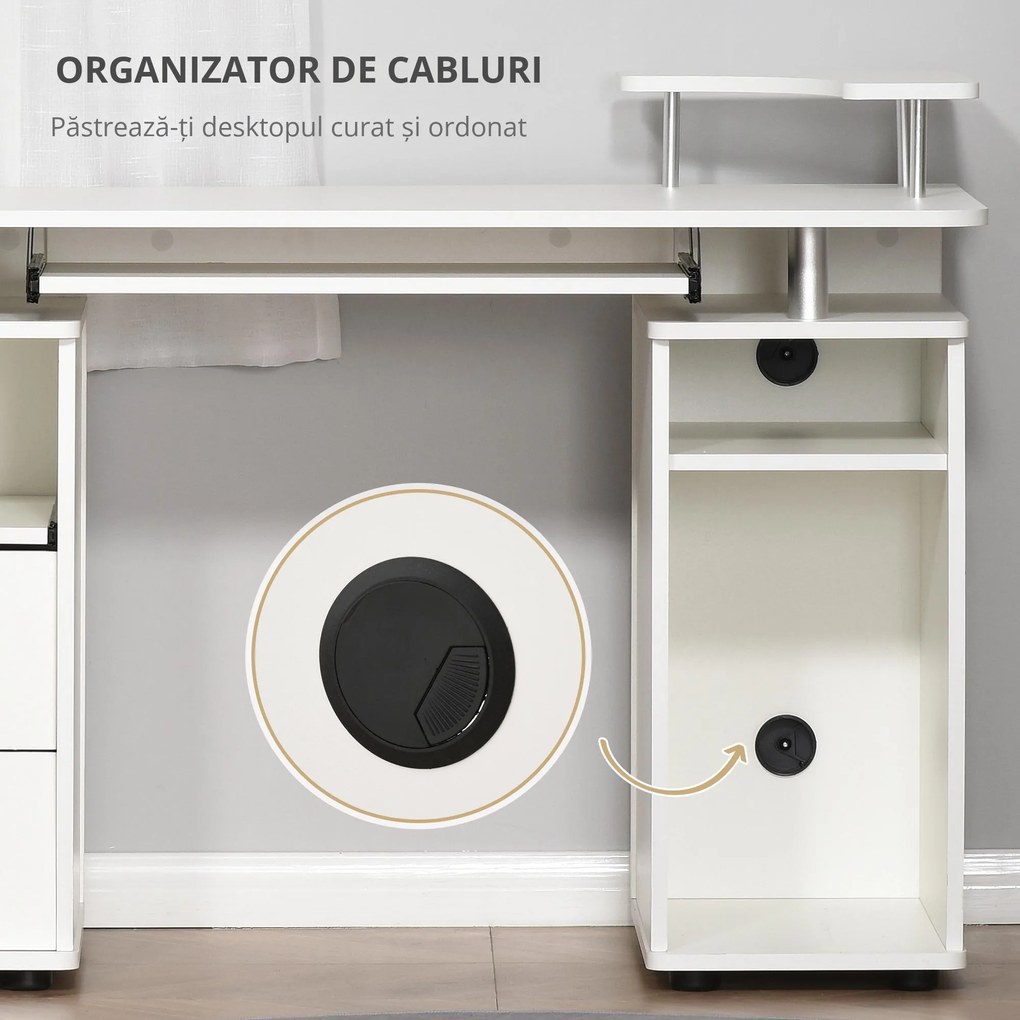 HOMCOM Birou PC din PAL și Oțel Alb cu Tastatură și Raft Monitor, Spațiu Generos de Lucru, 2 Sertare, Design Modern, 120x55x85 cm | Aosom Romania