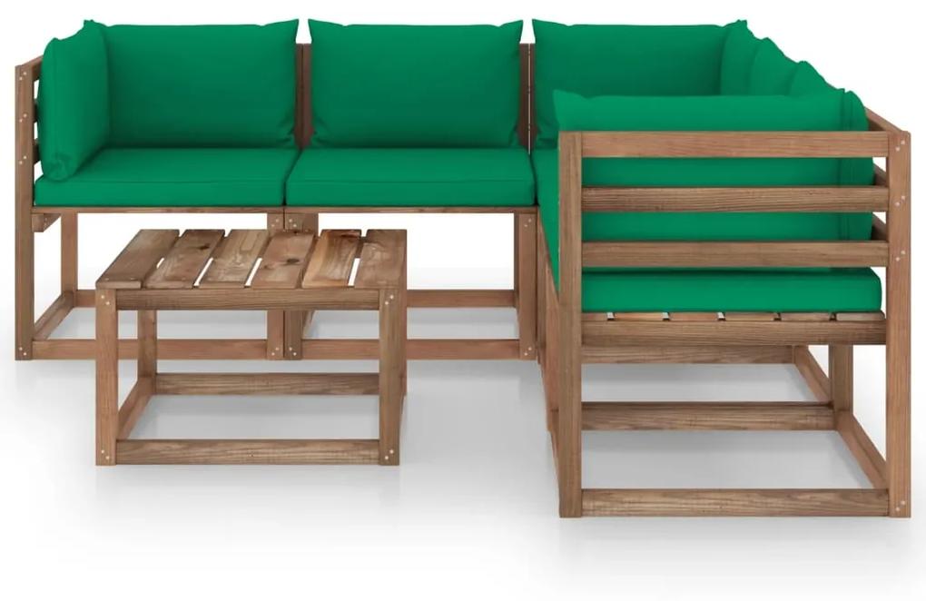 Set mobilier de gradina cu perne verzi, 6 piese lemn pin tratat